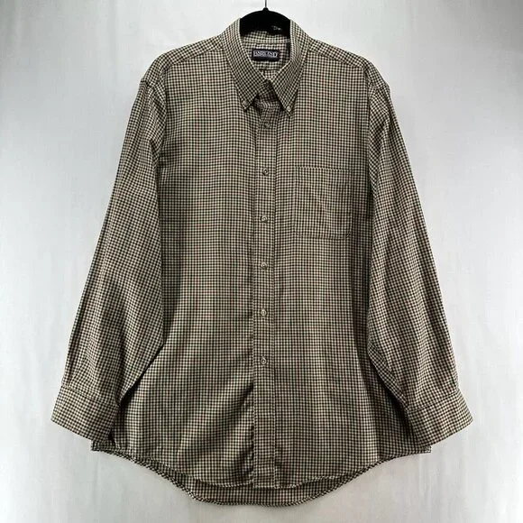 Lands End Shirt Mens Sz 16 1/2 Regular Fit Button Down Long Sleeve Gingham Beige - Picture 1 of 11